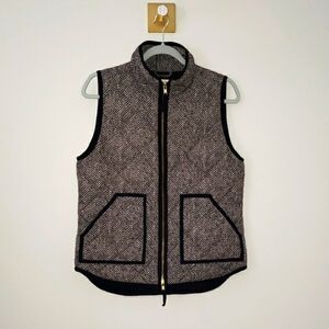 J. Crew Women Puffer Vest Small Quilted Black Cream Herringbone Chevron Preppy